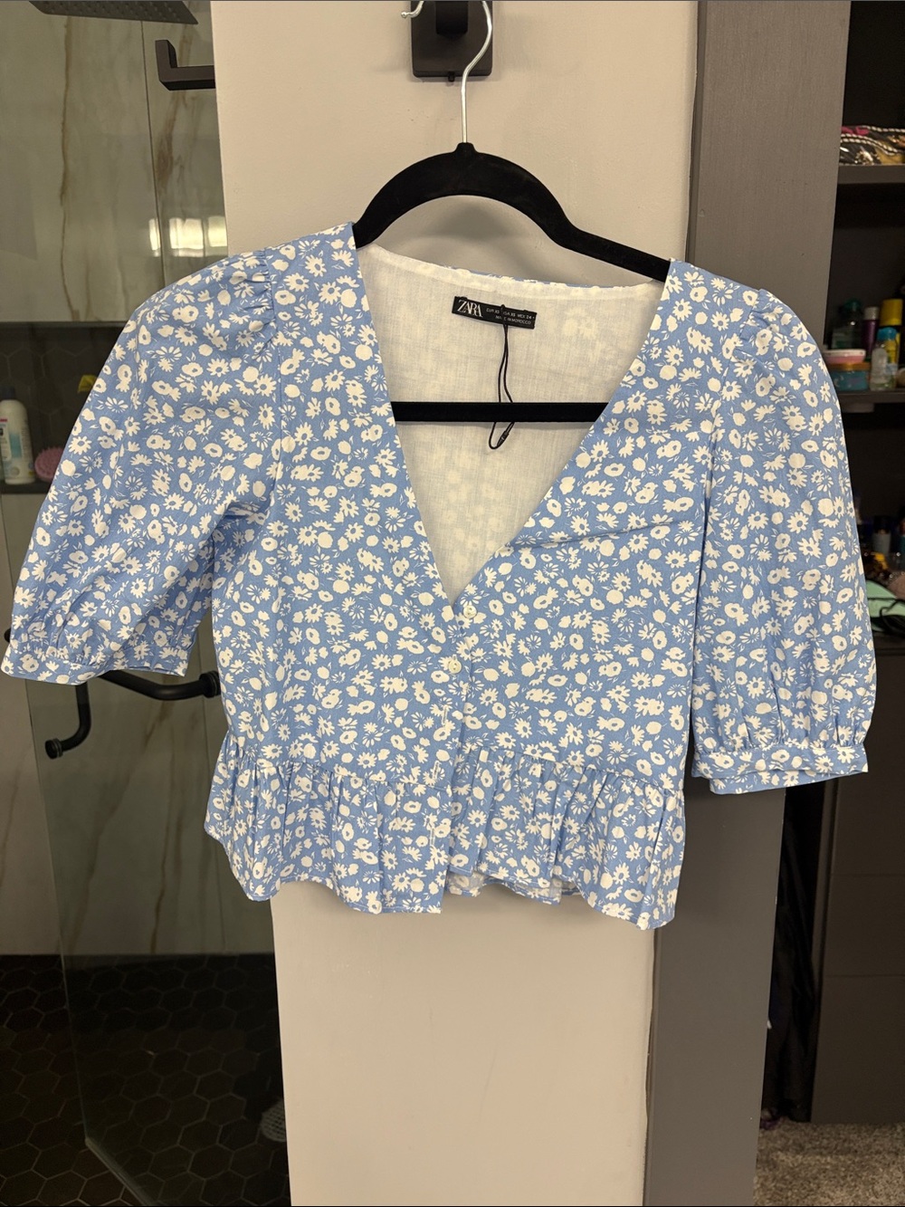 ZARA Light Blue Daisy Print Wrap-Style Peplum Top